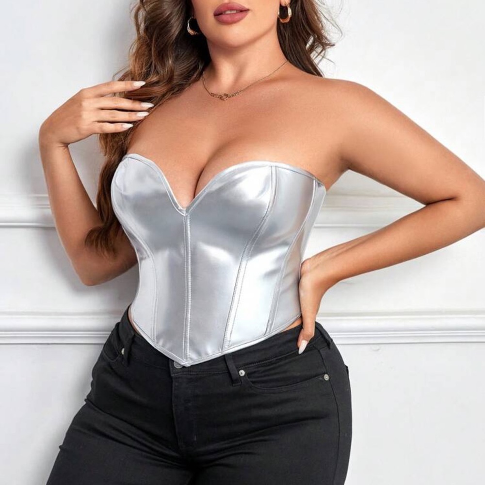 NWT 1X - Metallic Silver Pu Leather Hanky Hem Lace Up BackCorset Top